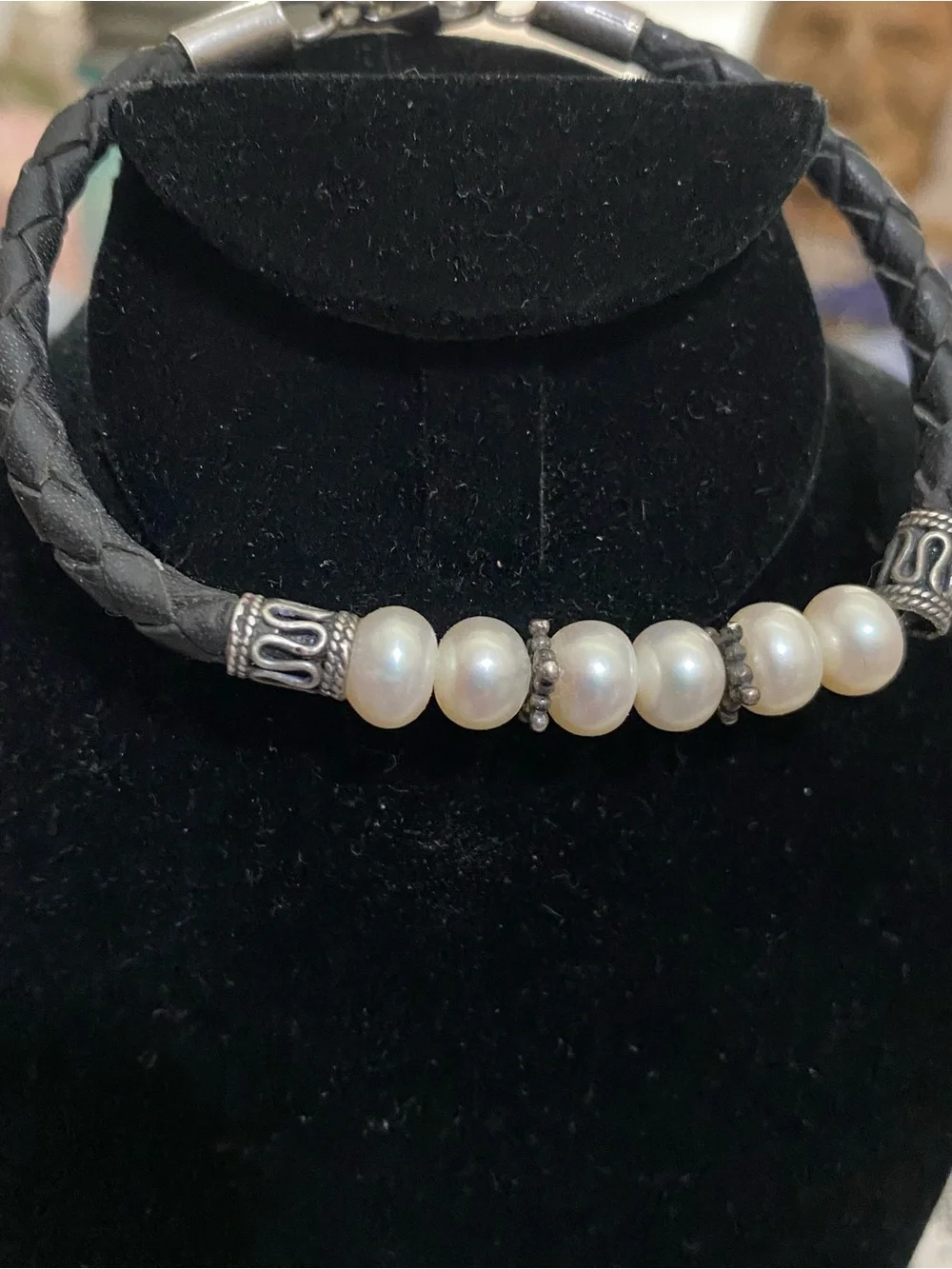 925 Sterling Silver Natural Pearl Braided Leather Bracelet 7.5